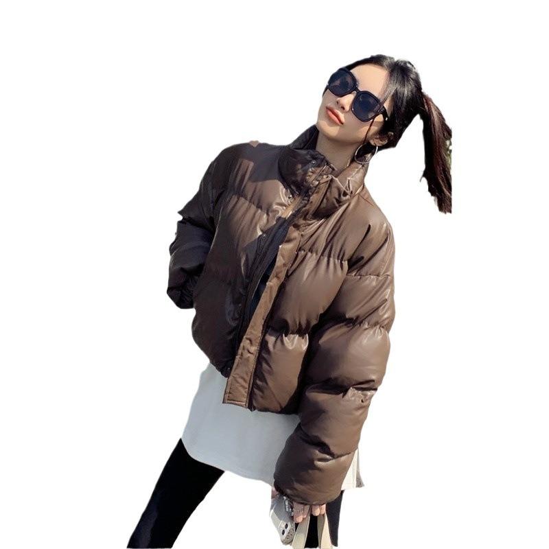 Leave-in Pu Leather Down Cotton Clothes Women's Short New Winter Thickened Stand-up Neck Bread Clothes Leather Cotton Coat