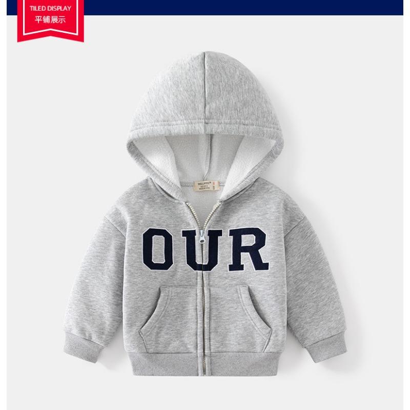 Boys Casual Letter Printed Fleece Lined Hooded Long Sleeve Zip Up Jacket