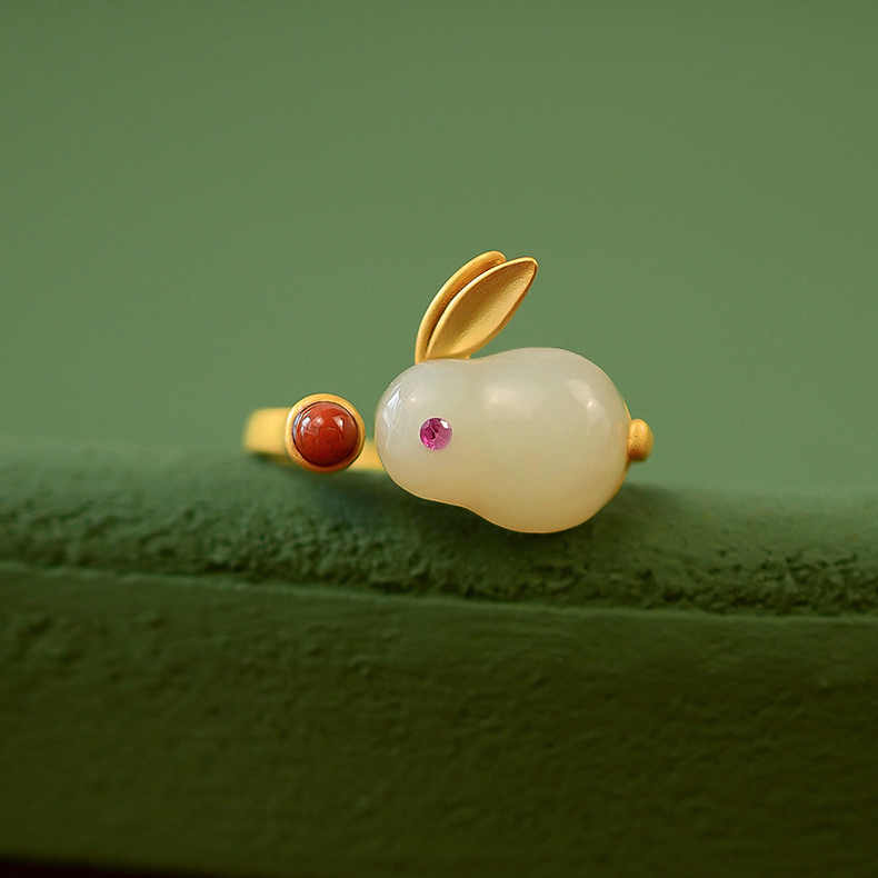 

Inspired Design Natural Hetian Jade Rabbit Adjustable Ring Earrings Bracelet Set Exquisite Sweet Lady Jewelry