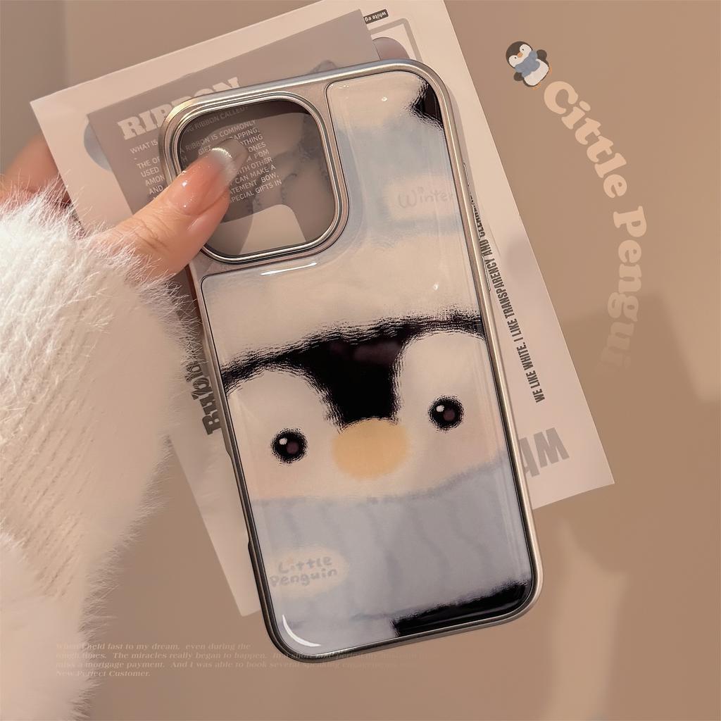 Ins Penguin Suitable for 15pro Max Mobile Phone Case Apple IPhone 16 Electroplated Drip Glue 13 Hard 14 Cute Huawei