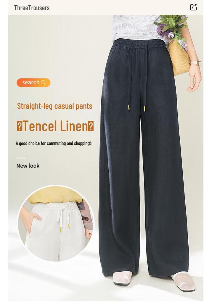 Women's Tencel Linen Straight Leg Drawstring Casual Pants