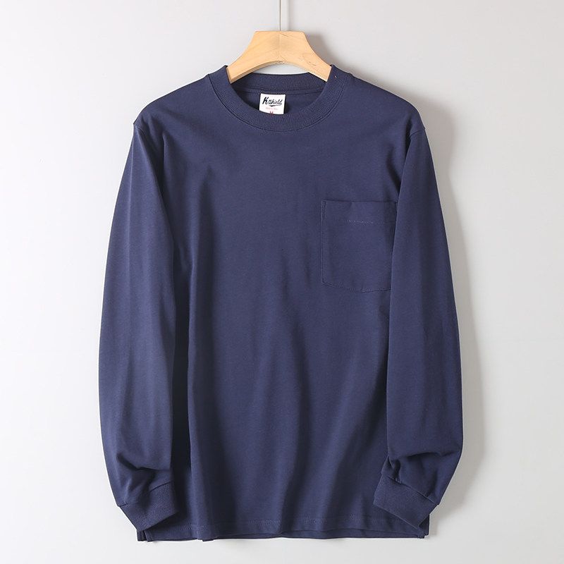 310g Heavyweight Vintage Pure Cotton Simple Pocket Design Solid Color Long-Sleeve T-Shirt for Men Casual Loose Round Neck Base Shirt