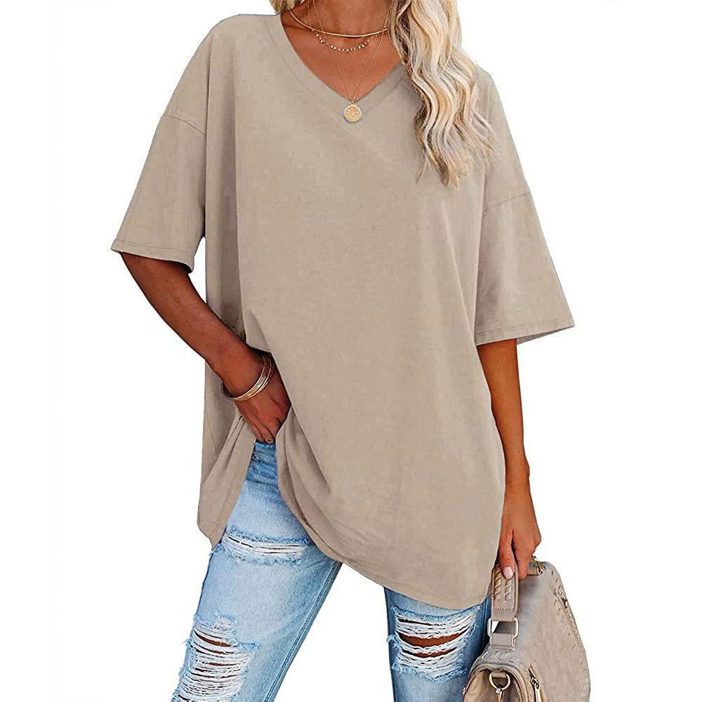 European and American Women's Summer V-Neck Loose Cotton Top – Solid Color, Short-Sleeve