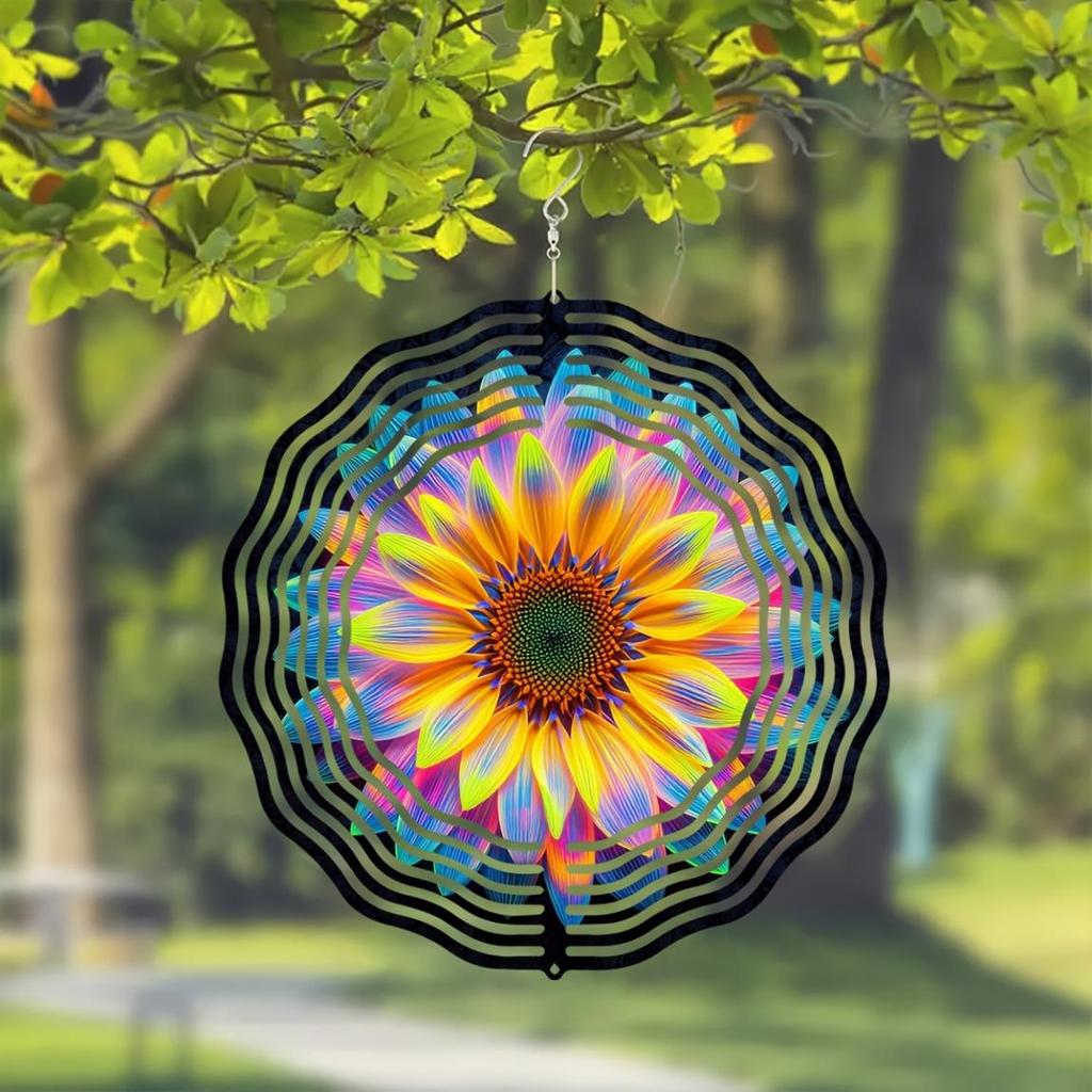 10 Inch Neon Flower Wind Spinner 2D Kinetic Metal Hanging Decor for Garden Yard Outdoor Indoor Dynamic Art Sculpture Gift for Women Men Mom Dad