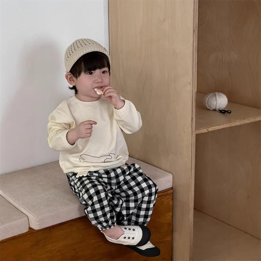 2025 Autumn Kids' Korean Style Boys' Printed Long-Sleeve T-Shirt & Plaid Pants Set