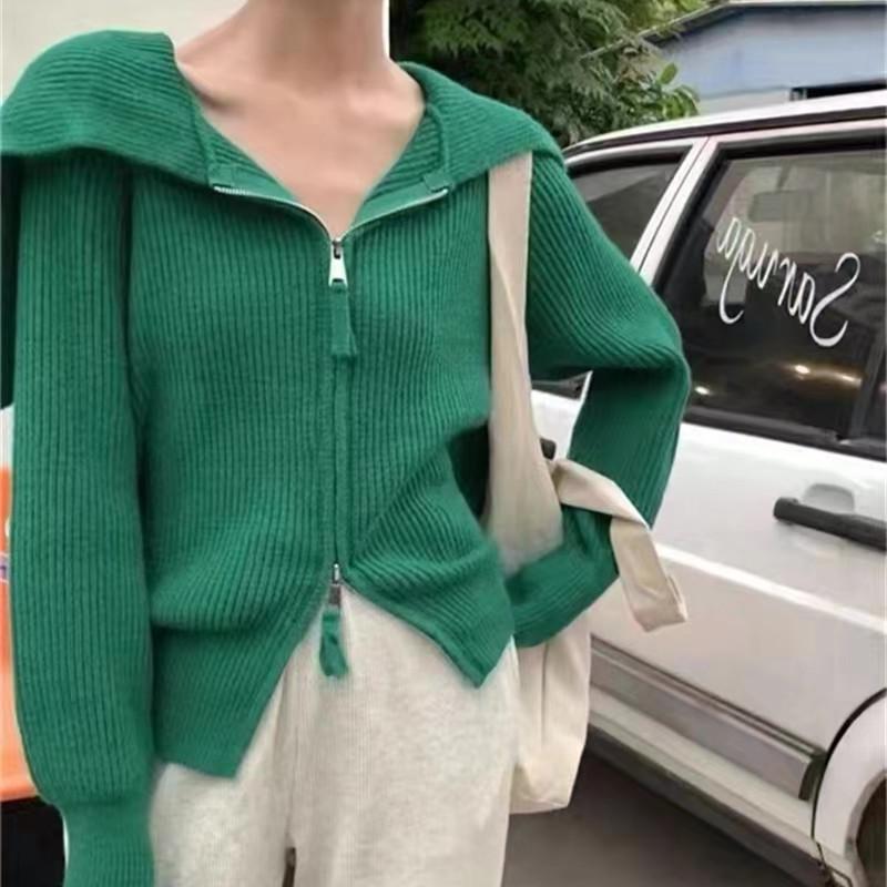 

Navy Women s Large Lapel Double-Zip Knitted Sweater Coat - Loose Fit, Solid Color, Long Sleeve Top One Size зелёный