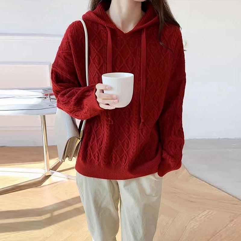 Hooded geometric twist lazy wind pullover sweater autumn and winter new large size thick knitted sweater women