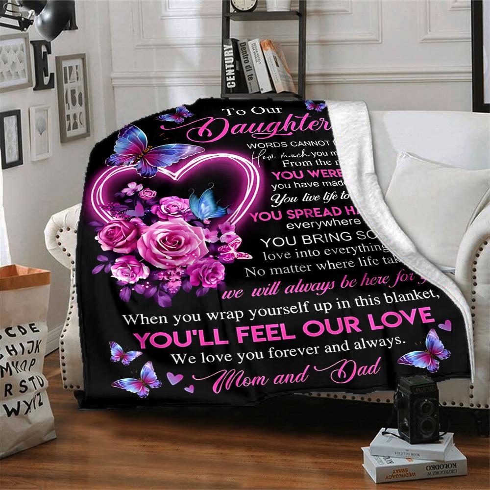 1pc Letter To Daughter Pattern Soft & Warm Polyester Knit Blanket, Digital Printed, All-Season Throw for Napping, Traveling, Sofa yy250906033