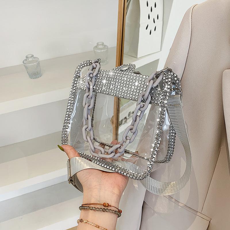 Transparent Women's Crossbody Bag - Chain Handle, PVC, Patent Leather, Small Square Style