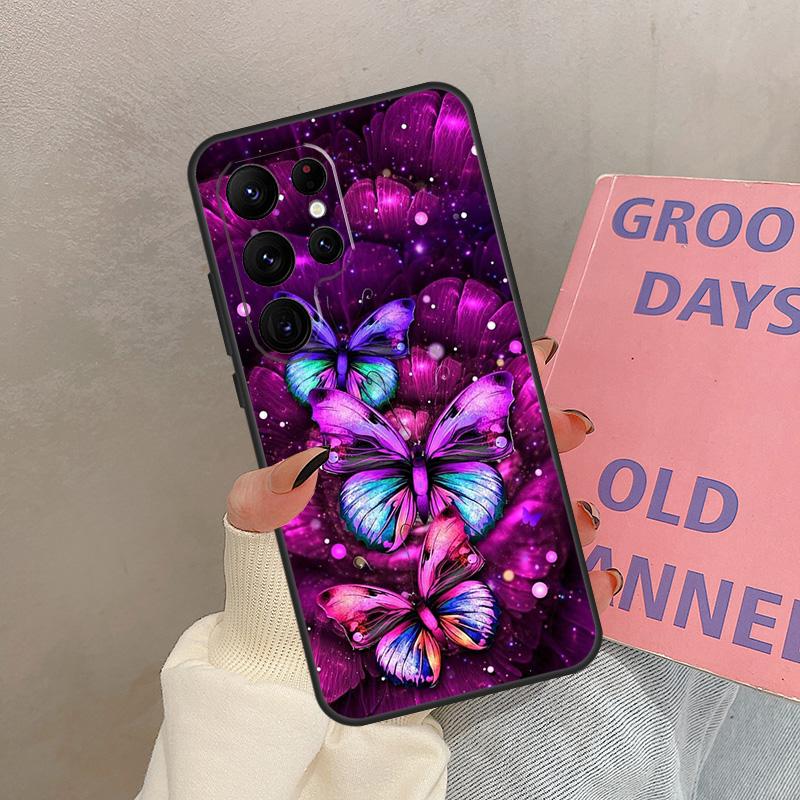 Black Beautiful Butterfly Case For Samsung Galaxy S24 Ultra S20 S21 S22 S23 S25 Ultra S9 S10 Plus S25 FE Cover Coque