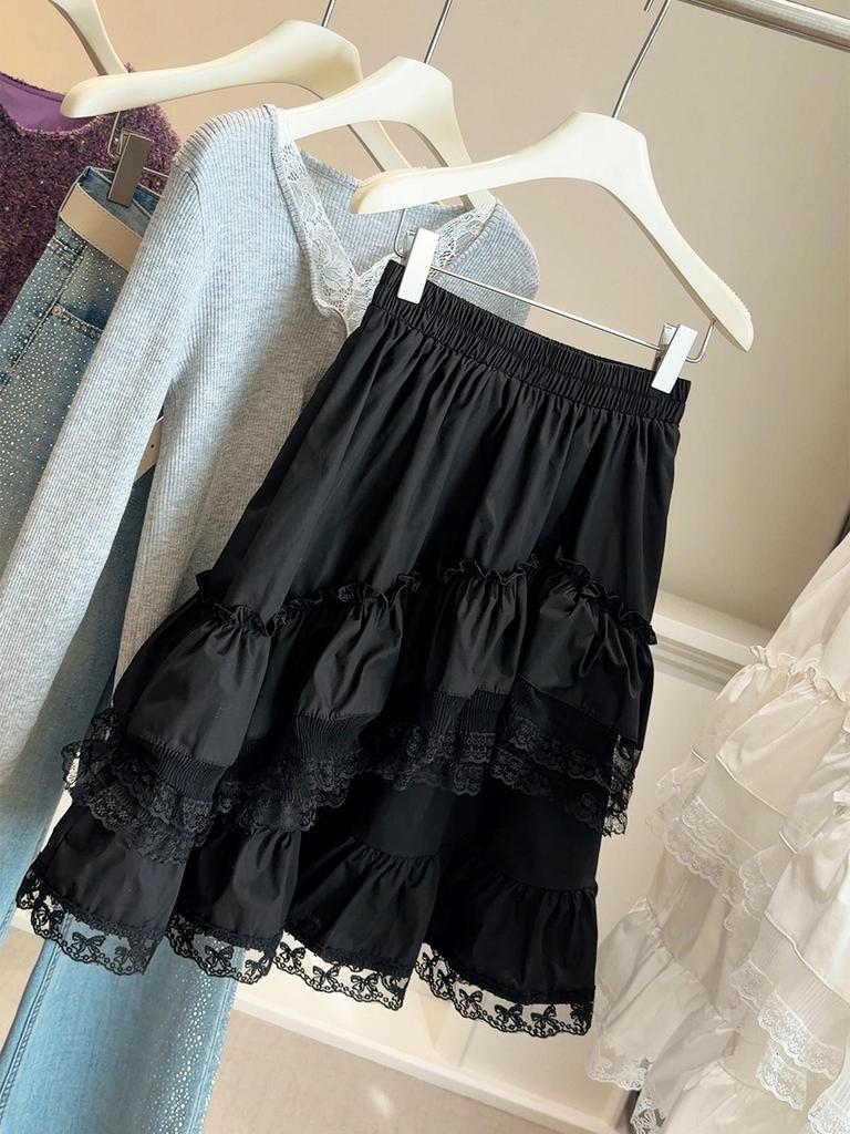 Sweet & Fresh Layered Lace Ruffle Hem Midi Skirt - High-Waisted, Fluffy Spring/Summer 2026 Collection