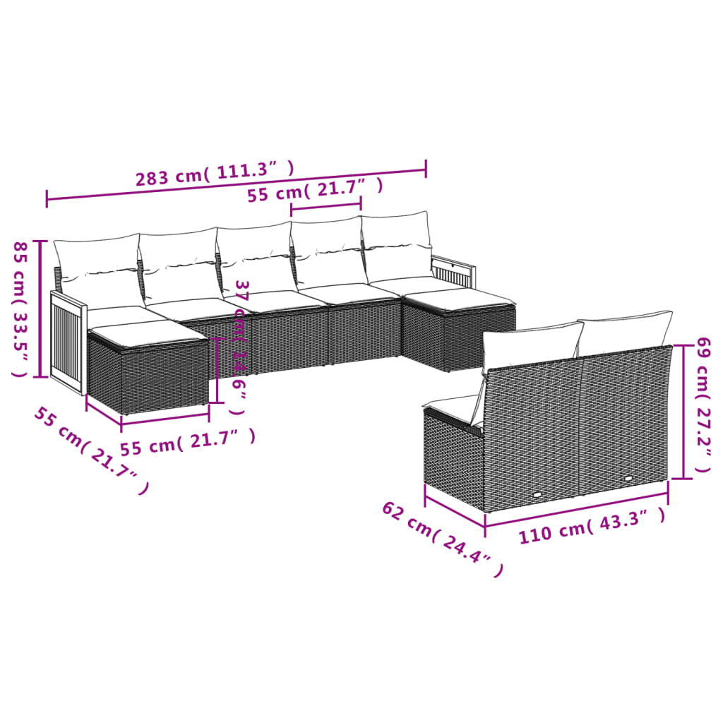 Vidaxl 9-Cz. Garden Furniture Set With Cushions, Beige, Poly Rattan