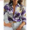 Women's Purple Long-Sleeve Shirt for Fall, Single-Button Collar Print Shirts, Fashionable Fitted Top for Wonem.