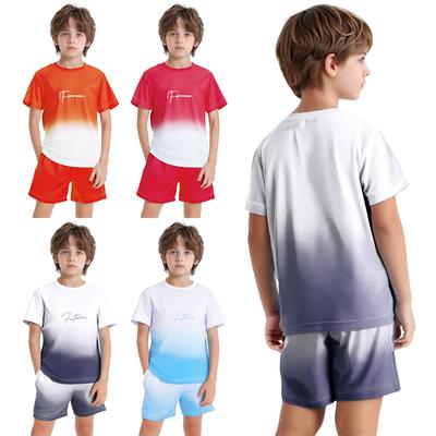 Boys Letter Print Gradient Sports Set Quick Drying Short Sleeve T-Shirt Drawstring Elastic Waist Shorts