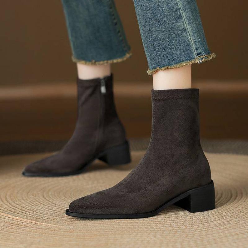 New Comfortable Rubber Sole Pointed Large Size Women's Boots Solid Color Elastic Suede Square Heel Medium Tube Boots Autumn and Winter Martin Boots Wo