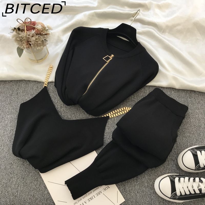 BITCED Women's Vest Knitted Jacket + Small Leg Elastic Pants Three-piece Set