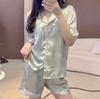 1011 New Ice Silk Pajamas Women's Streamer Long-sleeved Short-sleeved Three-piece Set, High-end Light Luxury Loungewear Can Be Worn Outside