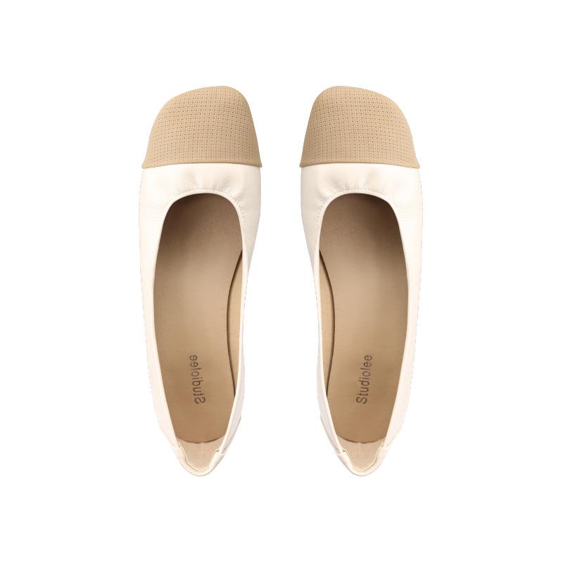 Sheepskin Version of the New Square Head Thick Heel Small Fragrant Wind Doudou Shoes Splicing Color Light Mouth Leather Round Head Flat Sole Shoes Wom