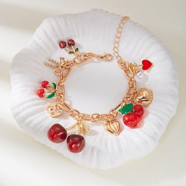 Charm Red Strawberry Bracelet For Women Cute Cherry Heart Shape Fruit Pearl Metal Chain Wristband Party Friendship Jewelry