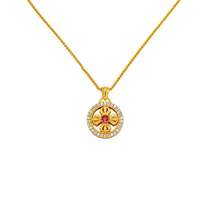 Diamond-Studded Vajra Cross Disc Pendant Women's Gold Necklace - Retro, Long-Lasting, Non-Fading Jewelry