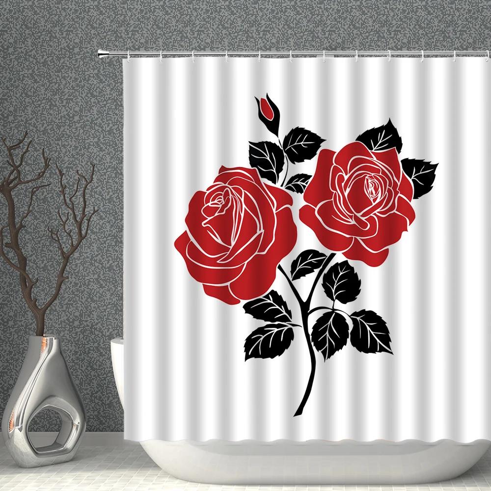 Rose Shower Curtain Set Romantic Valentine's Day Flower Waterproof Polyester Cloth Curtains Bathroom Home Decor With Hooks