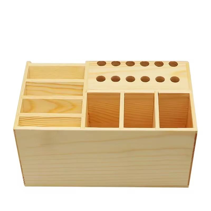 Multi-Section Wooden Tool Tray Designed for Mobile Repair Accessories Including Screwdrivers, Tweezers, and Pliers