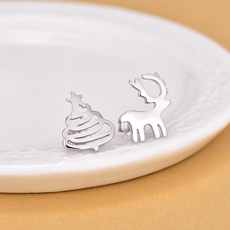 S925 Silver Reindeer & Christmas Tree Asymmetrical Stud Earrings - Women's Korean Mori Style