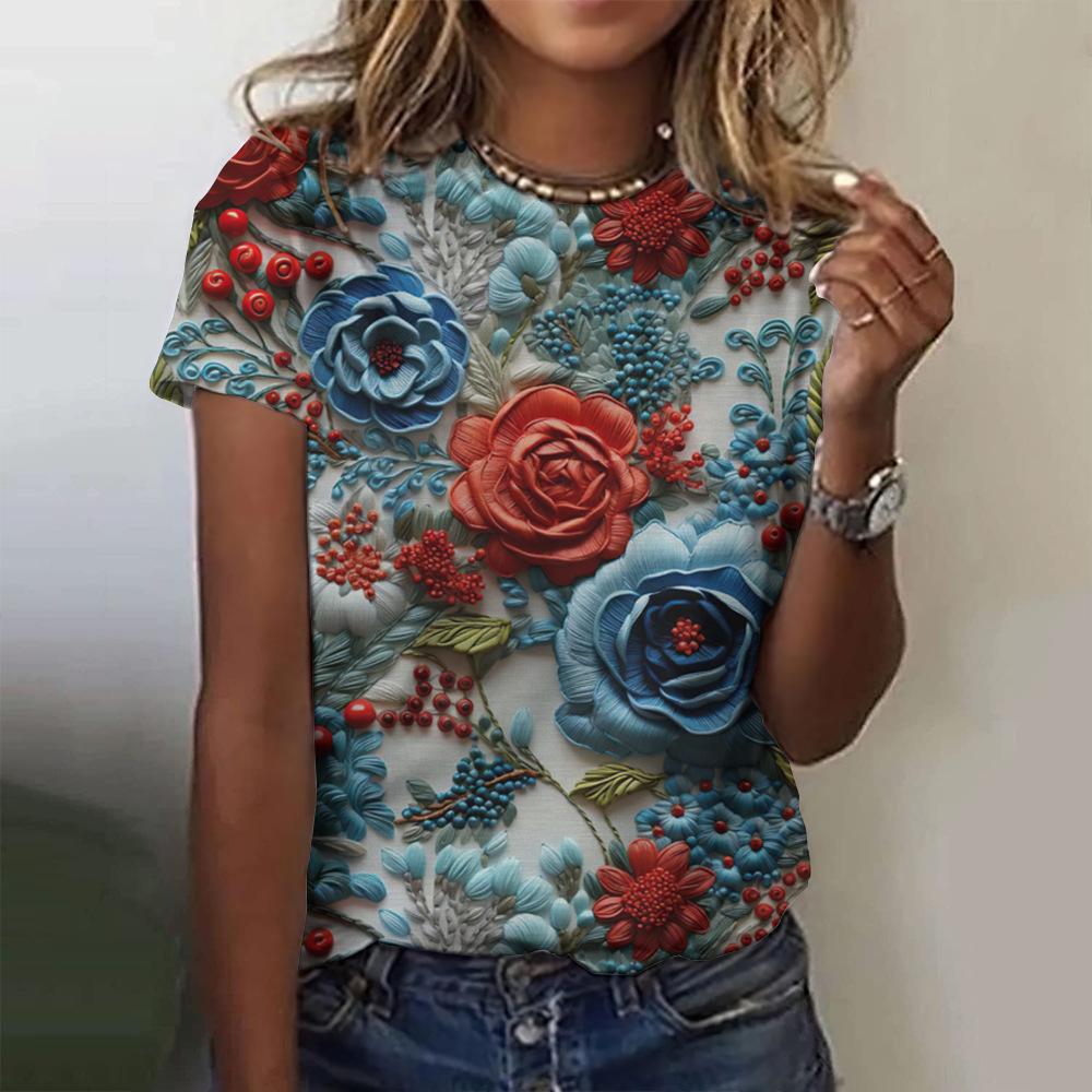 New Colorful Floral T-shirt, 3D Floral Print, Women's Summer Round Neck Short Sleeved T-shirt, Harajuku Y2K T-shirt, T-shirt, Women's Clothing