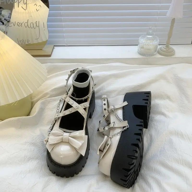 

Женские туфли Мэри Джейн из лакированной кожи с бантом, женские туфли-лодочки, милые туфли в стиле Лолиты с перекрестной шнуровкой, кожаные панк-готические туфли с заклепками, повседневная обувь 35 бежевый
