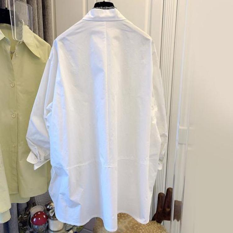 Long Sleeve Womens Shirt Loose Fit Blouse Cotton Solid Color Pointed Lapel Collar Spring Autumn Top for Work Travel Parties