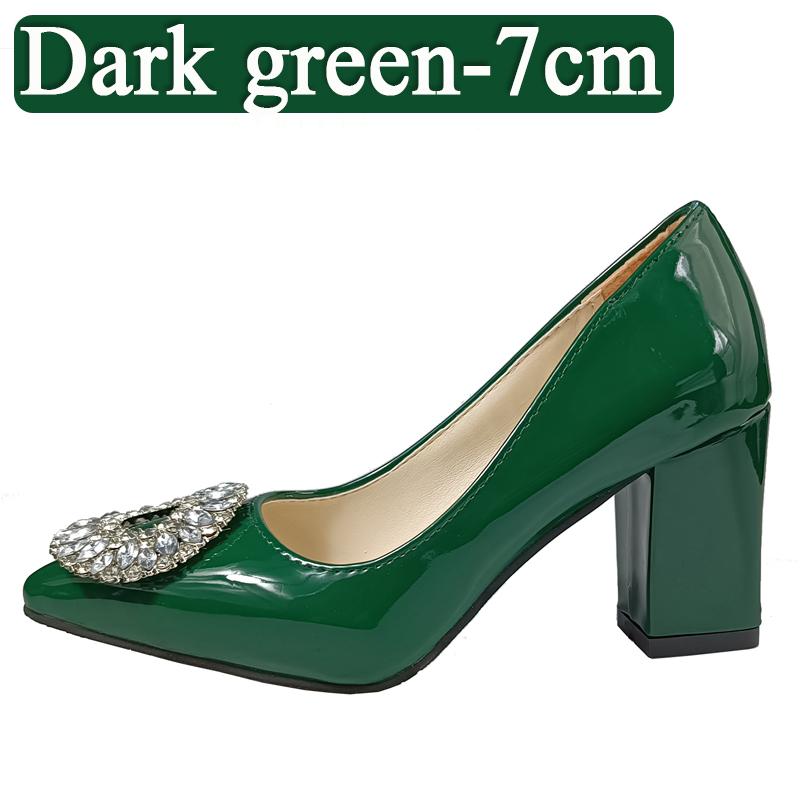 Aphixta Bing Big Crystals Round Buckle 7cm Chunky Heels Pumps Women Shoes Dark Green and Leisure Pointed Toe Pumps