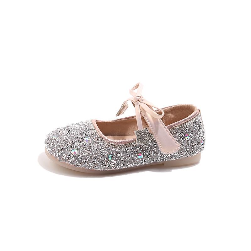 Girls' Sparkling Princess Shoes for Performances2026Spring and summer star rhinestone bow small leather shoes