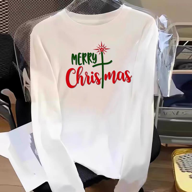 (Asian Size) Print T Shirt Graphic Tee Women plaid tree merry Christmas new year Casual Fashion Top o-neck Clothing Long Sleeve T-shirts