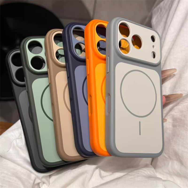 Matte Texture Magnetic Ring Phone Case for iPhone 14-17 Pro, Contrasting Colors