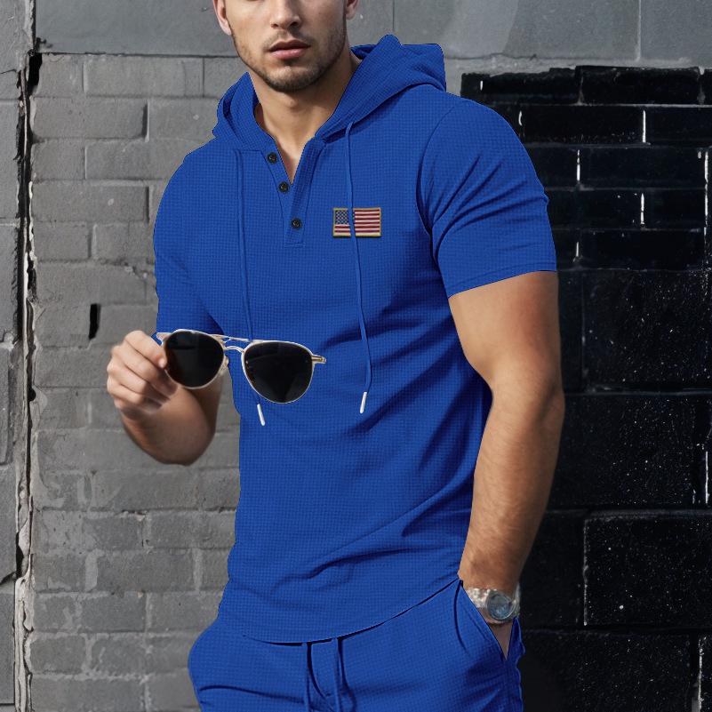 Men USA Flag Patch Short Sleeve Hoodie Henley Button Neck Casual Top S
