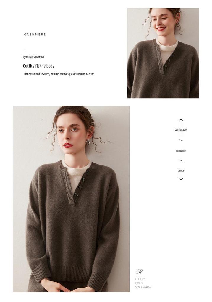 Autumn/Winter Women's Cashmere Knit Henley Shirt: Stylish, Versatile, Soft & Comfortable Fake Two-Piece Base Layer.