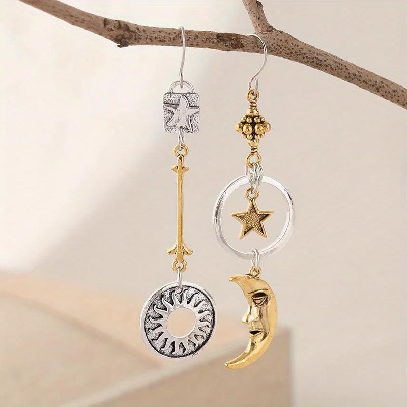 Greek Mythology Face Sun Moon Pendant Creative Design Women Asymmetric Personality Pendant Earrings Party Jewelry Gifts