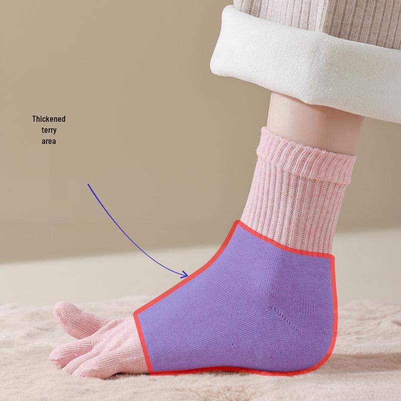 Women's Winter Anti-Odor Five-Toe Mid-Tube Socks - Thick, Warm, Sweat-Absorbent Cotton Terry.
