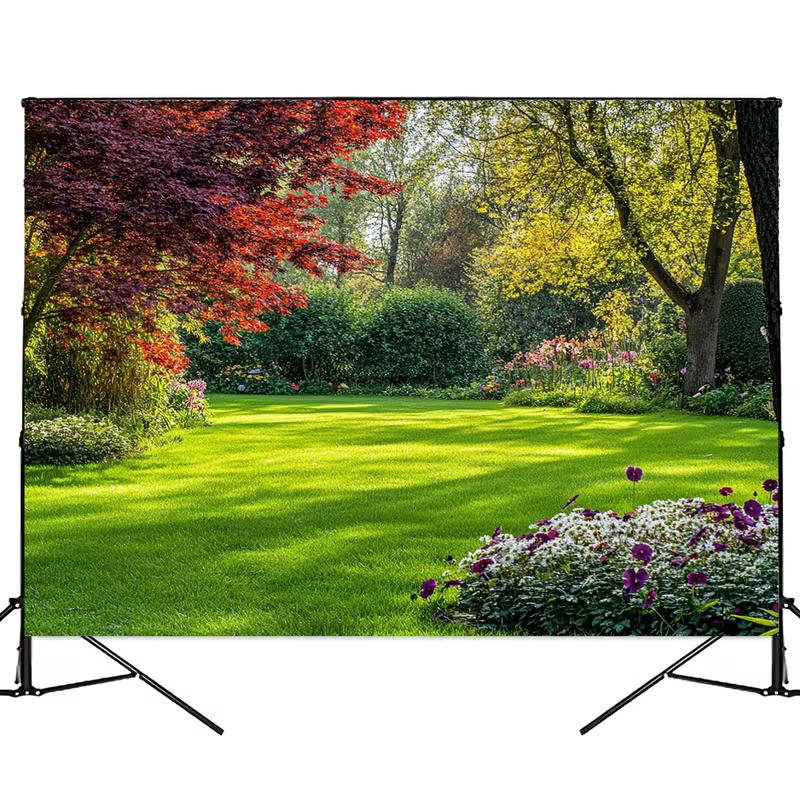 2D Sunlit Lawn Backdrop with Trees and Flower Garden Background