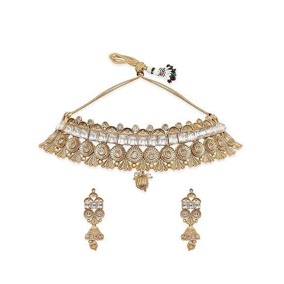 Gold-Plated Handcrafted Artificial Kundan Jewelry Choker Set with White Stone Matching Earrings For Women and Girls