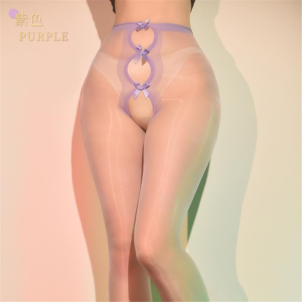 Sexy Women 3D Thin Oil Shiny Glossy Pantyhose Bow Hollow Out Tights Exotic Open Crotch Allure Vintage Maid Pantyhose Shaper