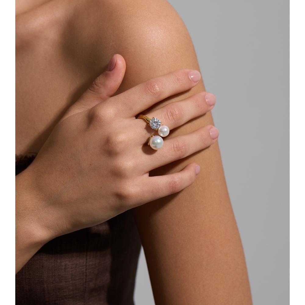 Yhpup Korean Simulated Pearls Cubic Zirconia Adjustable Chic Ring High Quality Stainless Steel Popular Jewelry Wholesale Gift