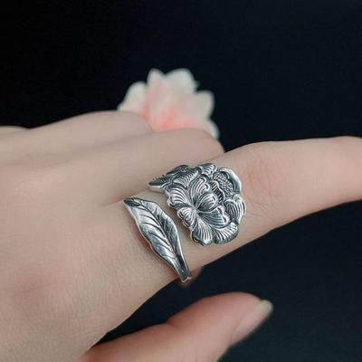 Retro Sterling Silver Women's Peony & Lotus Enamel Open Ring - Ethnic Style Jewelry