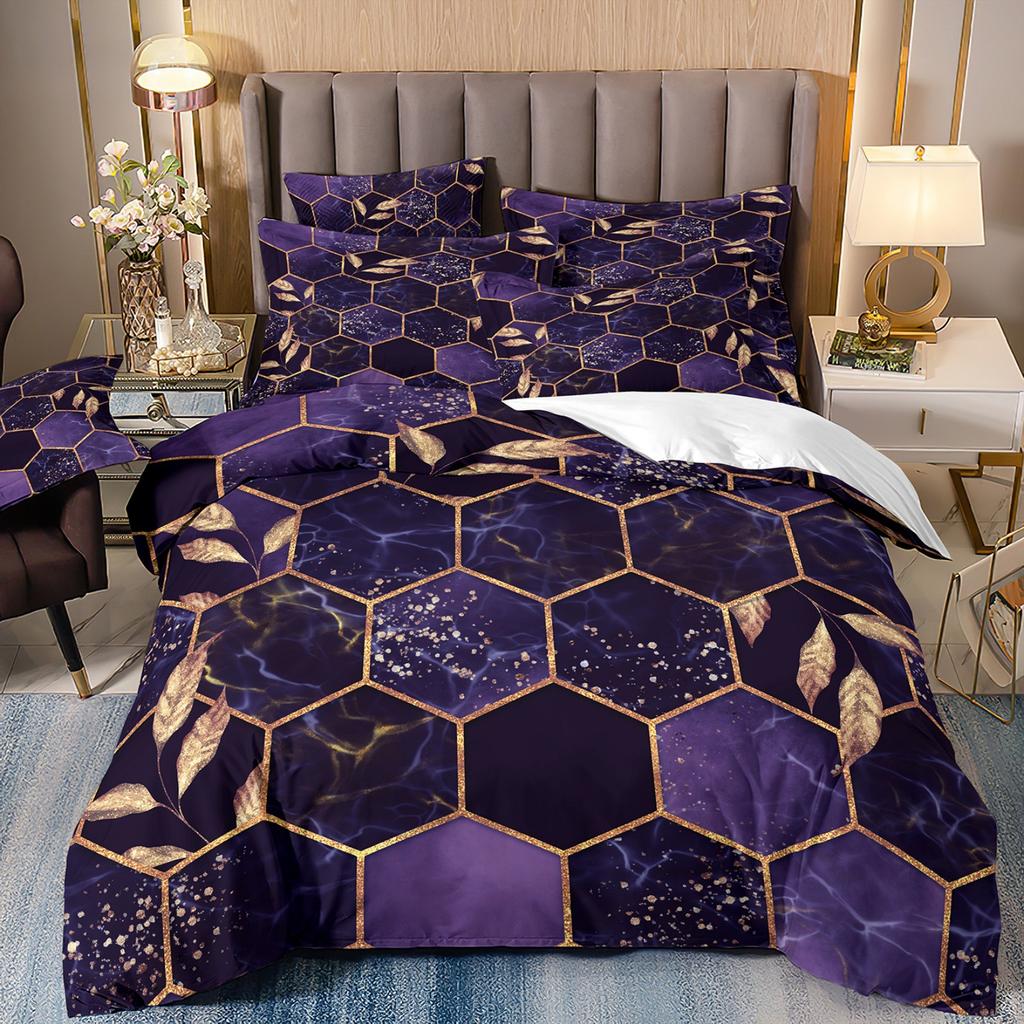 3D Digital Printing Light Luxury Geometric Honeycomb Stone Pattern Bedding Quilt Cover Three-Piece Set