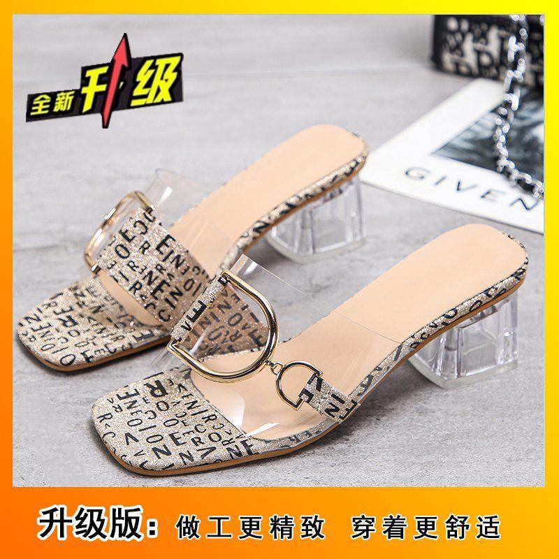 2025 summer new fashion simple versatile fairy cool slippers Internet celebrity word with slippers female medium heel thick heel