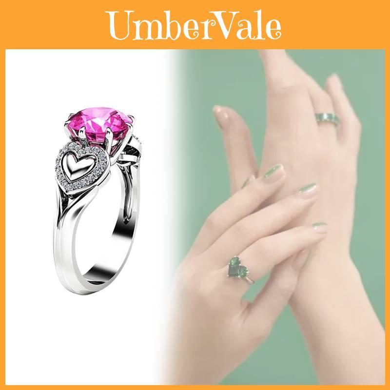 Fashionable Heart Shaped Pink Zircon Crystal Ring With Silver Plated Adjustable Band For Women
