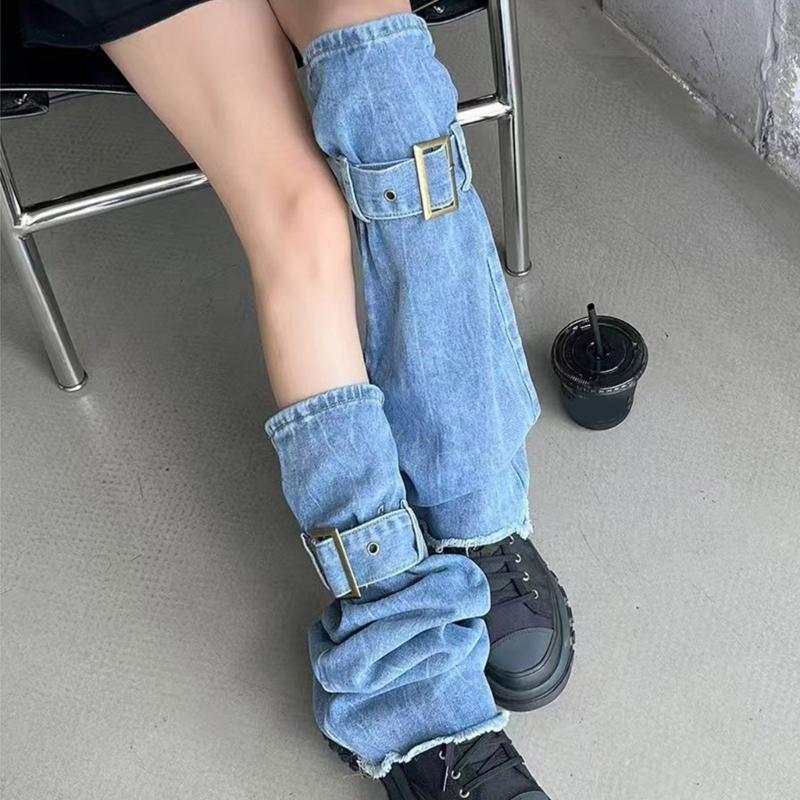 Harajuku Blue Leg Covers with Buckled Strap Washed Jeans Leg Warmer Flared Socks