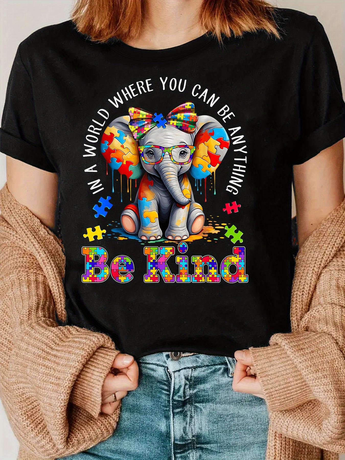 Autism Awareness Elephant Women s Tee - Puzzle Piece Be Kind Graphic, Casual Black Top S