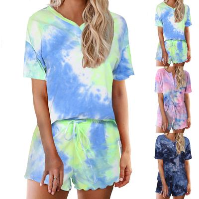 Women Tie Dye Print Short Sleeve Two Piece Pajama Set Soft Lightweight Lounge Top and Shorts Sleepwear Set
