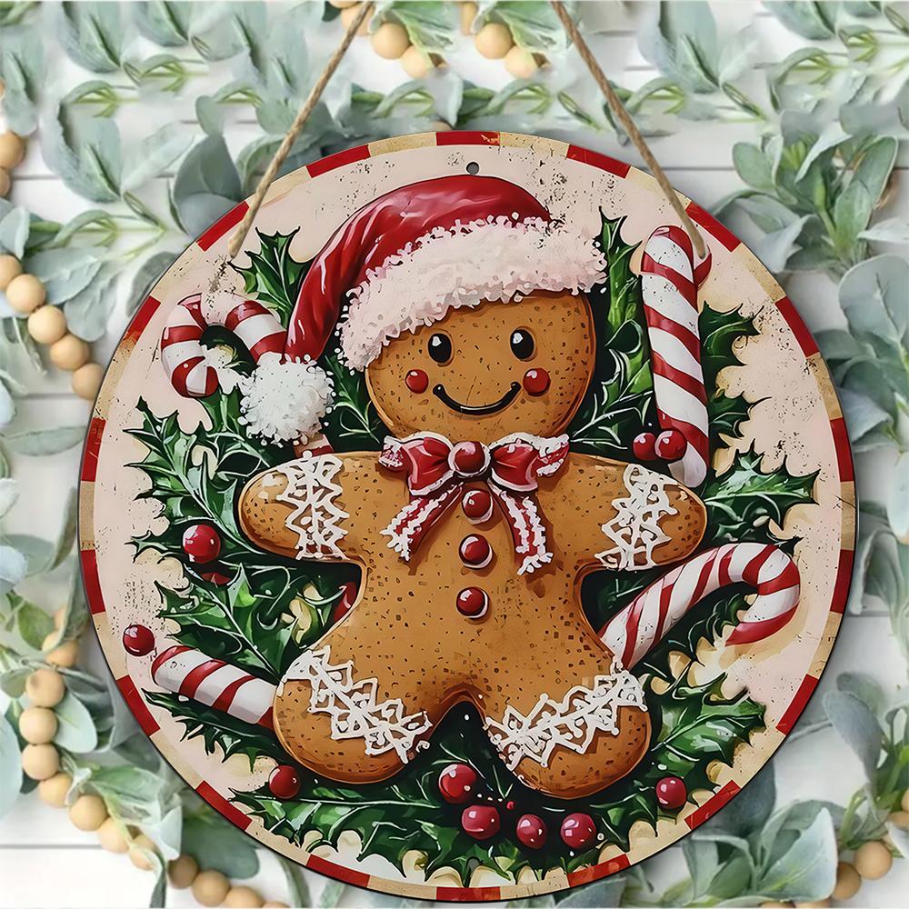 Vintage Gingerbread Man Christmas Round Wooden Hanging Plaque Holiday Wall Decor Front Door Sign Festive Home Ornament Xmas Party Supplies